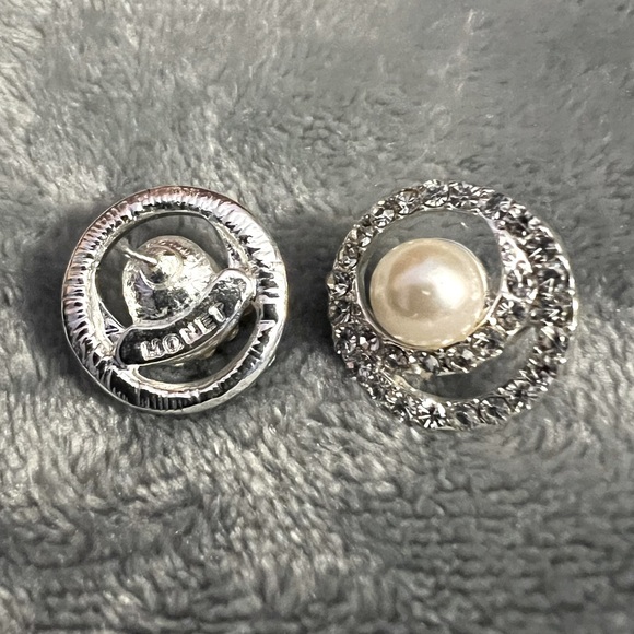 Monet Signed Faux Pearl & Crystal Rhinestone Earrings Formal Bridal - Picture 2 of 4